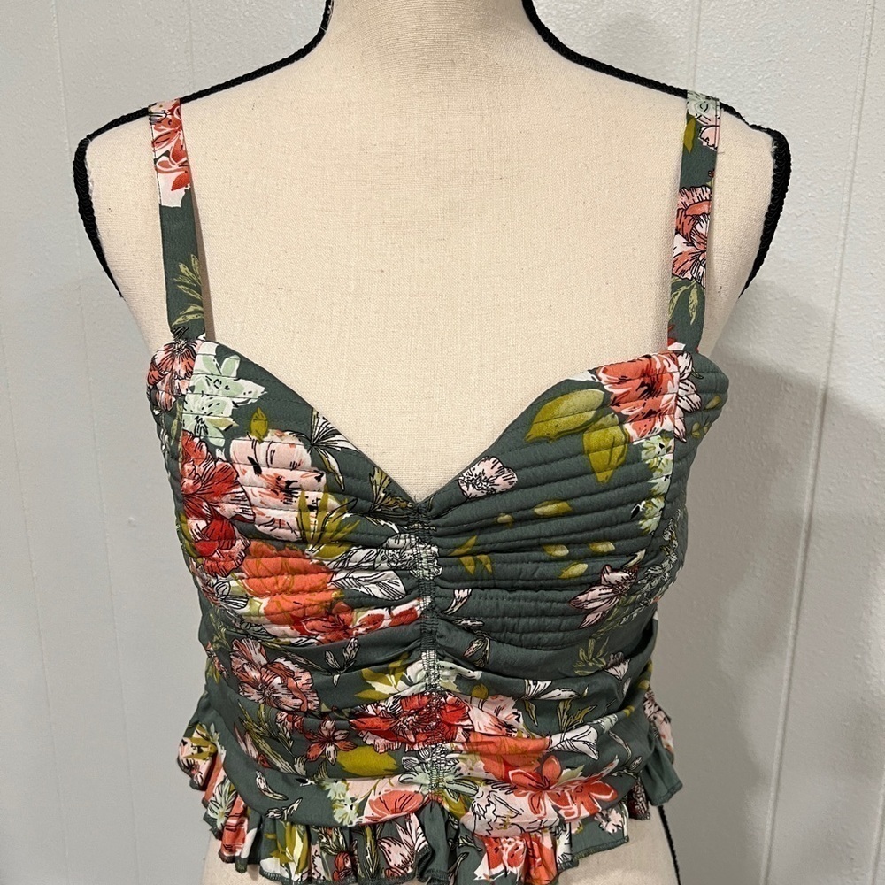 B.O.G. Green Floral  Quilted Ruffle Smocked Crop top